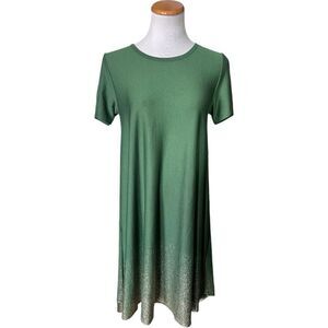 Womens Lularoe Elegant Vault Holiday Green Metallic Foil Gold Carly Dress  Sz XS